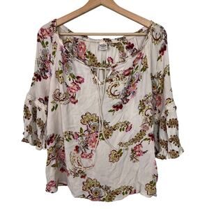 Bila Women's Size‎ Small Floral Scoop Neck Bell Sleeves Crinkle Boho Peasant Top